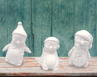 Handmade Ready to Paint Ceramic Winter Penguin Figurines, Unpainted Penguin Statues, Winter Decor