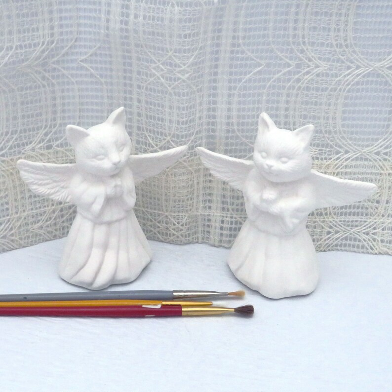 Ready To Paint Ceramic Cat Angel Figurines, Handmade Angel Cat Statues, Paint It Yourself, Unpainted Cat Memorial, Gift for Cat Mom image 2