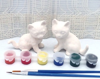 Handmade Paintable Ceramic Cat Figurines with Acrylic Paints and Brushes, Arts and Craft Kit, Ready to Paint Cat Statues, Unpainted Ceramics