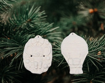Handmade Ready to Paint Ceramic Christmas Tree Ornaments with a Mouse in a Wreath and in a Hot Air Balloon, Christmas Decor