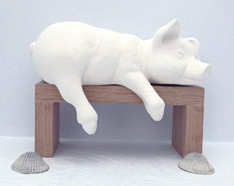 Ready to Paint Ceramic Bisque Shelf Sleeper Pig Figurine / Paintable Ceramic Pig Statue / Ceramics to Paint / Pig Lover Gift / Farm Decor