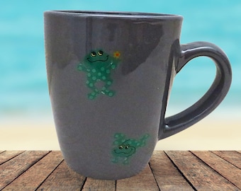 Handmade Gray Ceramic Frog Coffee Mug, Frog Lover Tea Mug Gift, 11 Ounce Coffee Cup