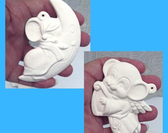 Handmade Ready to Paint Ceramic Christmas Tree Ornaments with a Mouse on a Moon and Mouse with a Harp, Paintable Ceramic Christmas Decor