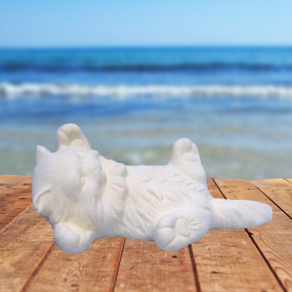 Handmade Paintable Ceramic Kitty Figurine On Back, Unpainted Ceramic Cat Statue, Bisqueware, Ceramics to Paint, Ready to Paint Kitten