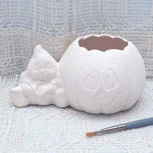 Handmade Ready to Paint Ceramic Halloween Pumpkin and Ghost for Halloween Decor, Unpainted Ceramic Pumpkin, Paintable Ceramics to Paint