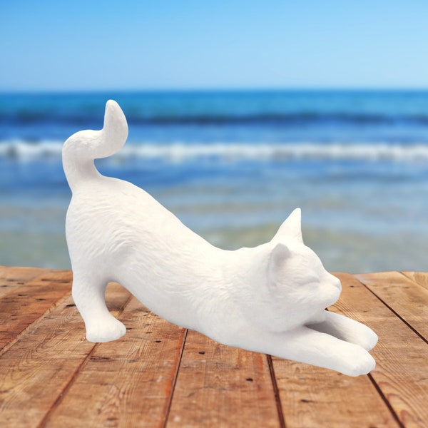 Ready to Paint Ceramic Cat Figurine, Paint it Yourself Stretching Cat Statue, Unpainted Bisqueware, Paintable Ceramics, Cat Decor, Cat Lover