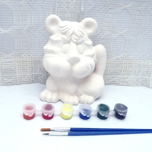 Handmade Ready to Paint Ceramic Tiger Figurine With Acrylic Paints, Tiger Statue, Ceramics to Paint, Paintable Ceramics, Craft Kit image 1
