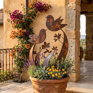Rustic Metal Bird Garden Sculpture, Garden Art Ornament - Garden Stake for Yard Lawn, Metal Decor for Planters