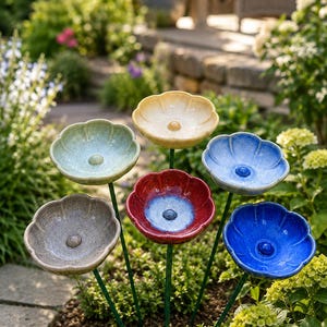 Puede incluir: Un conjunto de seis estacas de jardín de cerámica con forma de flor en varios colores, incluyendo amarillo, verde claro, beige, rojo con centro azul, azul claro y azul oscuro. Cada flor tiene un punto central elevado sobre un tallo de metal verde.