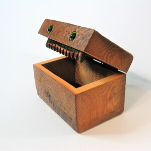 Barn Wood Creature Treasure Box With Green Feline Eyes image 4