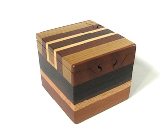Puzzle Box Made from Eight Woods Including Recovered Old Growth Redwood