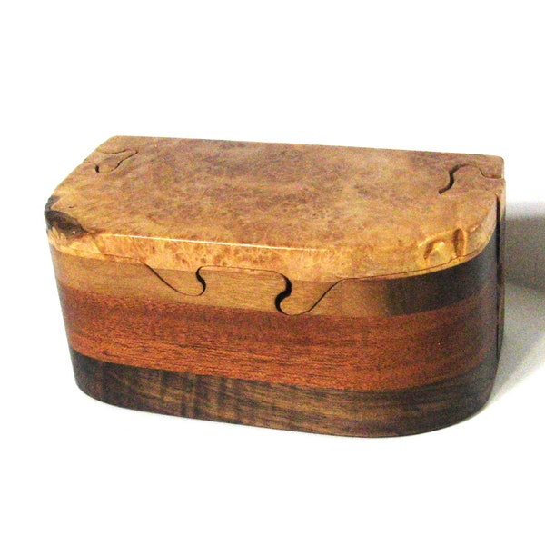 Maple Burl Wood Puzzle Box With Two Keys Made Of Three Woods