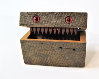 Barn Wood Creature Treasure Box With Red Eyes