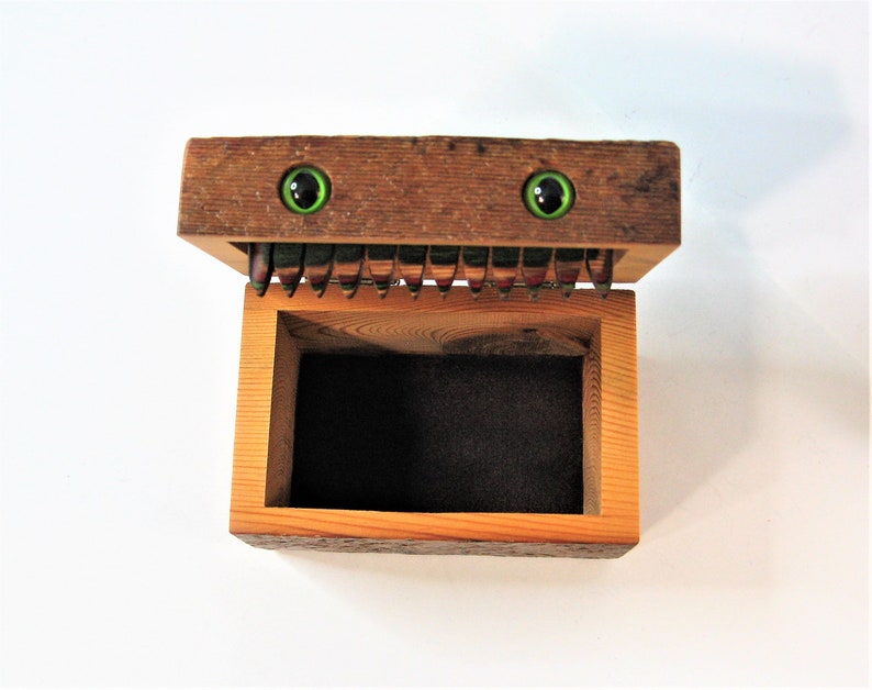 Barn Wood Creature Treasure Box With Green Feline Eyes image 6