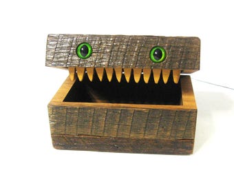 Creature Treasure Box Made Of Antique Barn Wood With Green Eyes