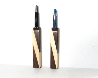 Pair of two (2) Magnetic Pen, Pencil Holder Made Of Walnut And Maple Wood