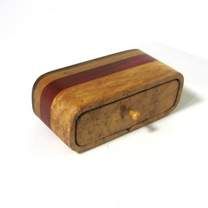 Trinket Box Made Of Maple Burl Wood and Five Woods With Divided Drawer image 1