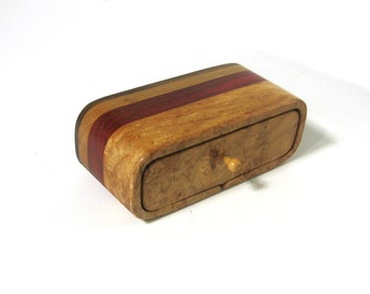 Trinket Box Made Of Maple Burl Wood and Five Woods With Divided Drawer