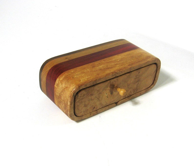 Trinket Box Made Of Maple Burl Wood and Five Woods With Divided Drawer image 1