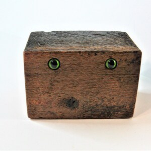 Barn Wood Creature Treasure Box With Green Feline Eyes image 1