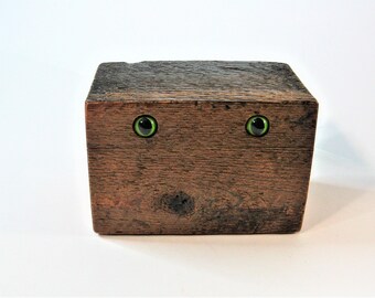 Barn Wood Creature Treasure Box With Green Feline Eyes
