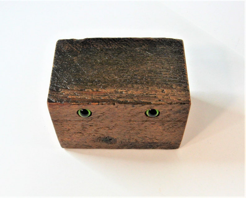 Barn Wood Creature Treasure Box With Green Feline Eyes image 3