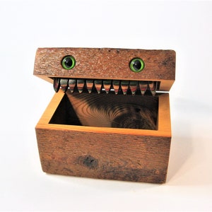 Barn Wood Creature Treasure Box With Green Feline Eyes image 2
