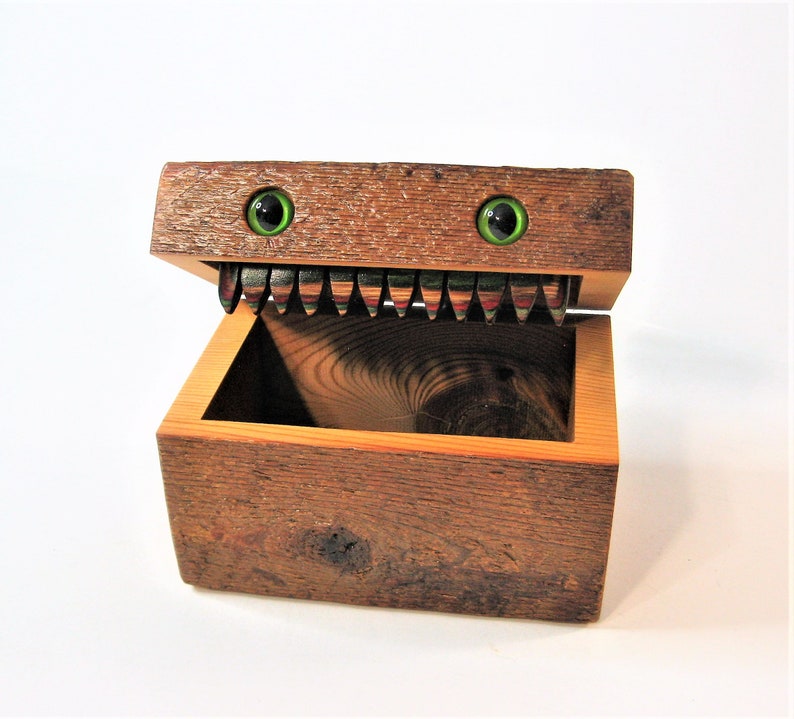 Barn Wood Creature Treasure Box With Green Feline Eyes image 2