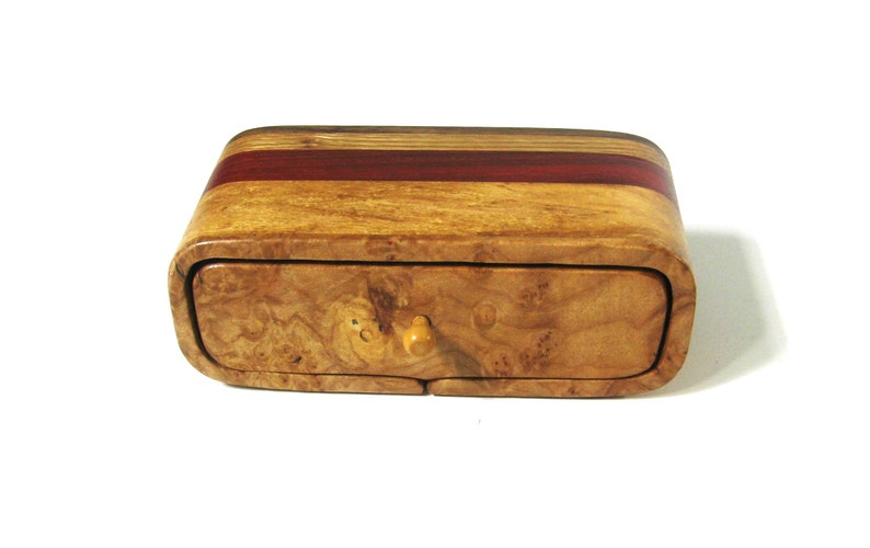 Trinket Box Made Of Maple Burl Wood and Five Woods With Divided Drawer image 3