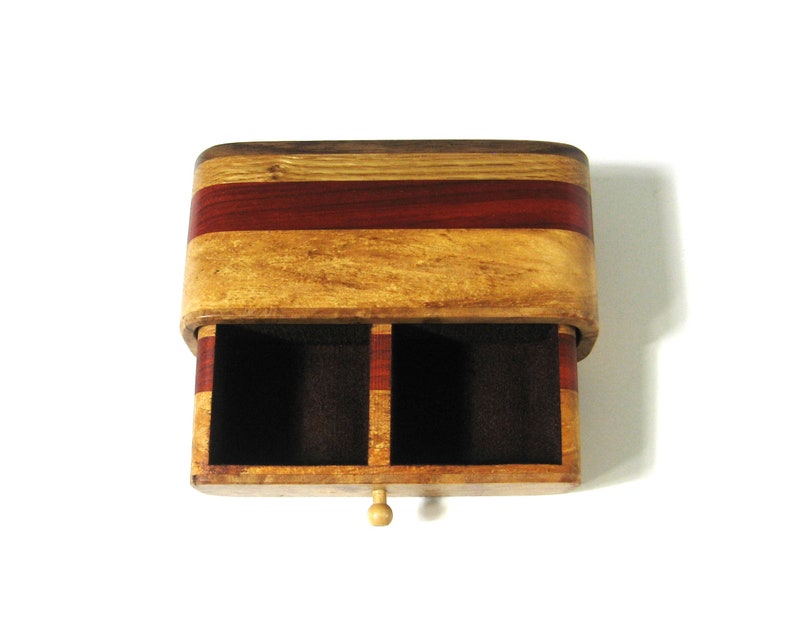 Trinket Box Made Of Maple Burl Wood and Five Woods With Divided Drawer image 2