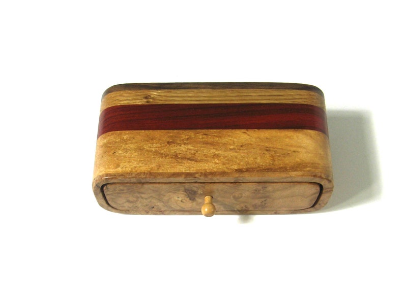 Trinket Box Made Of Maple Burl Wood and Five Woods With Divided Drawer image 5