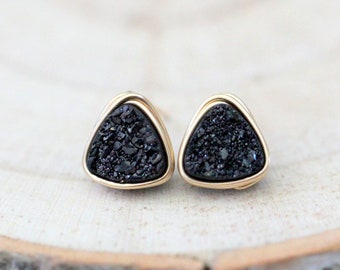 Triangle Stud Earrings, Black Druzy Jewelry, 14k Gold Filled, Rose Gold, Sterling Silver, Wire Wrapped Modern Gifts - Eclipse