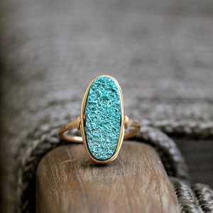 Druzy Oval Gold Ring, Statement Raw Crystal Ring in Blue Green , Gold , Sterling Silver , Rose Gold , Bohemian Gift Idea   - Teal