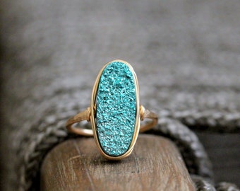 Druzy Oval Gold Ring, Statement Raw Crystal Ring in Blue Green , Gold , Sterling Silver , Rose Gold , Bohemian Gift Idea   - Teal