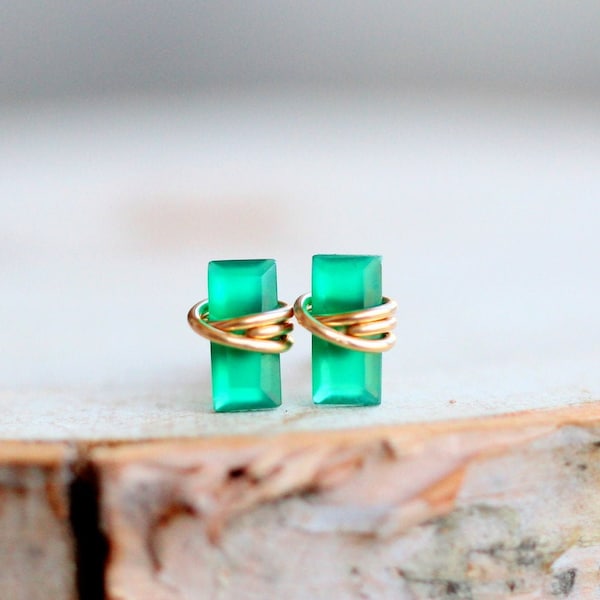 Onyx Stud Earrings, Tiny Gold Baguette Emerald Green Colored Studs, 14k Rose, Sterling Silver, Rectangle Minimalist