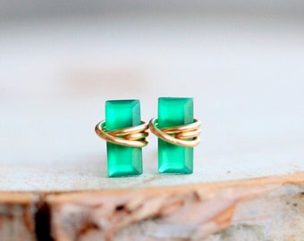 Onyx Stud Earrings, Tiny Gold Baguette Emerald Green Colored Studs, 14k Rose, Sterling Silver, Rectangle Minimalist