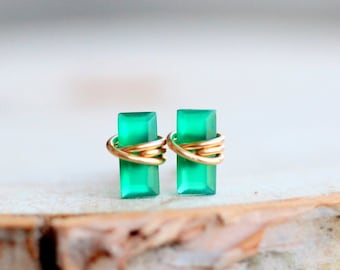 Onyx Stud Earrings, Tiny Gold Baguette Emerald Green Colored Studs, 14k Rose, Sterling Silver, Rectangle Minimalist