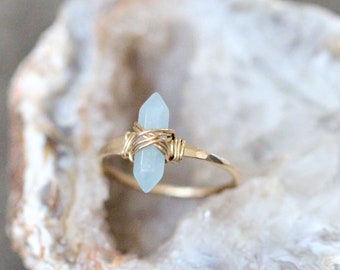 Aquamarine Gold Ring, Bohemian Crystal Point Gemstone Jewelry, Hammered Band, Rose, Sterling Silver, Nickel Free, March Birthstone - Crest
