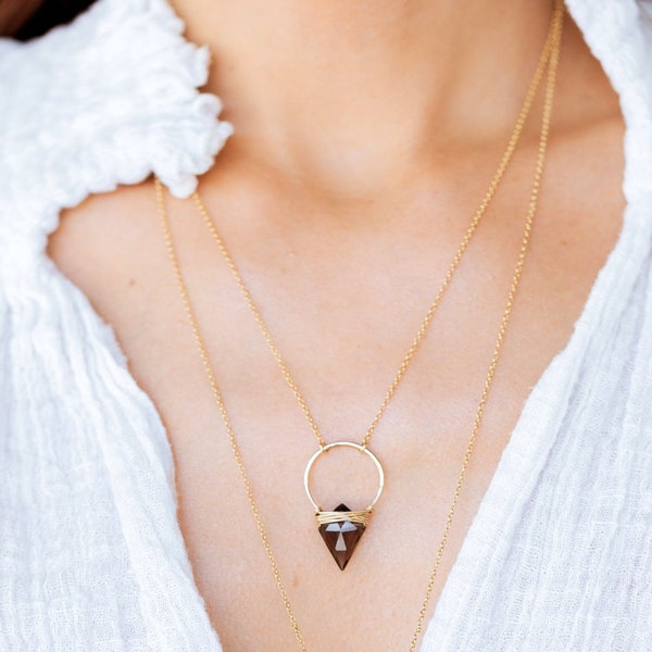 Rookkwartshanger ketting, pijlpunt gouden ringkristalhanger, roos, sterlingzilver - albatros