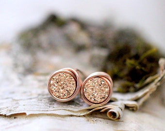 Rose Gold Stud Earrings, Druzy Studs, Tiny Post, Rose Gold Filled, Sterling Silver, Dainty Jewelry Gifts - Micros ( Gilded Rose Gold )