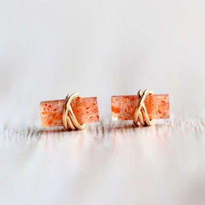 Sunstone Stud Earrings, Baguette Jewelry Gold Tiny Studs, Rose , Sterling Silver, 14k Solid Gold Rectangle Minimalist image 1