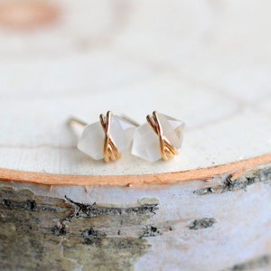 Moonstone Stud Earrings Gold , Rose , Sterling Silver , White Crystal Point Gemstone , Small June Birthstone - Pike