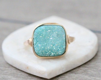 Square Druzy Gold Ring , Large Druzy Ring , Mint Green Raw Crystal , Gold Rose Sterling Silver , Wire Wrapped - Buttermint