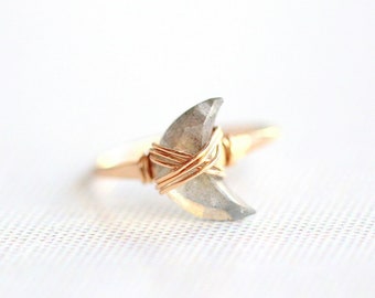 Labradorite Moon Ring, Crescent Gemstone, Gold Filled, Rose , Sterling Silver , Boho Celestial Jewelry  - Moonbeam