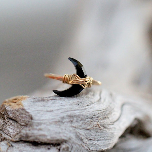 Moon Ring in Gold , Crescent Black Agate Stone Wire Wrapped Ring , Rose Gold , Sterling Silver , Boho Jewelry Gifts - Moonbeam Ring