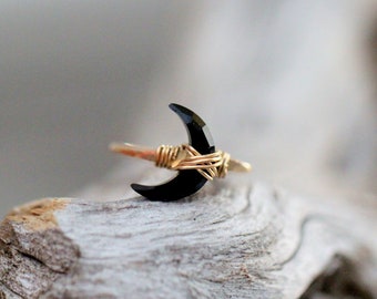 Moon Ring in Gold , Crescent Black Agate Stone Wire Wrapped Ring , Rose Gold , Sterling Silver , Boho Jewelry Gifts - Moonbeam Ring