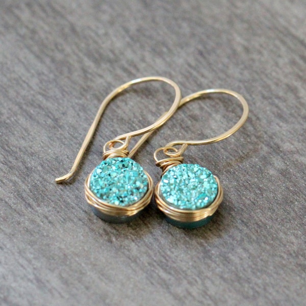 Druzy Dangle Earrings , Gold , Rose , Silver , Petite Blue Green Quartz Wire Wrapped Edged Drop , Druzy Jewelry - Teal