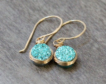 Druzy Dangle Earrings , Gold , Rose , Silver , Petite Blue Green Quartz Wire Wrapped Edged Drop , Druzy Jewelry - Teal