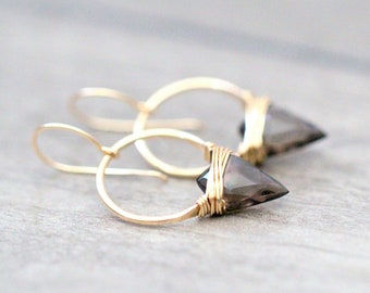 Arrowhead Hoop Earrings , Smoky Quartz Gemstone In Gold , Rose , Sterling Silver , Modern Tribal Fashion - Albatross