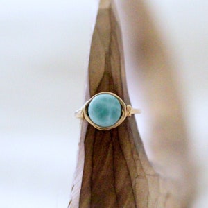 Larimar Gold Ring, Bohemian Round Gemstone Bezel Wrapped, Rose, Sterling Silver Stacking Statement Ring - May